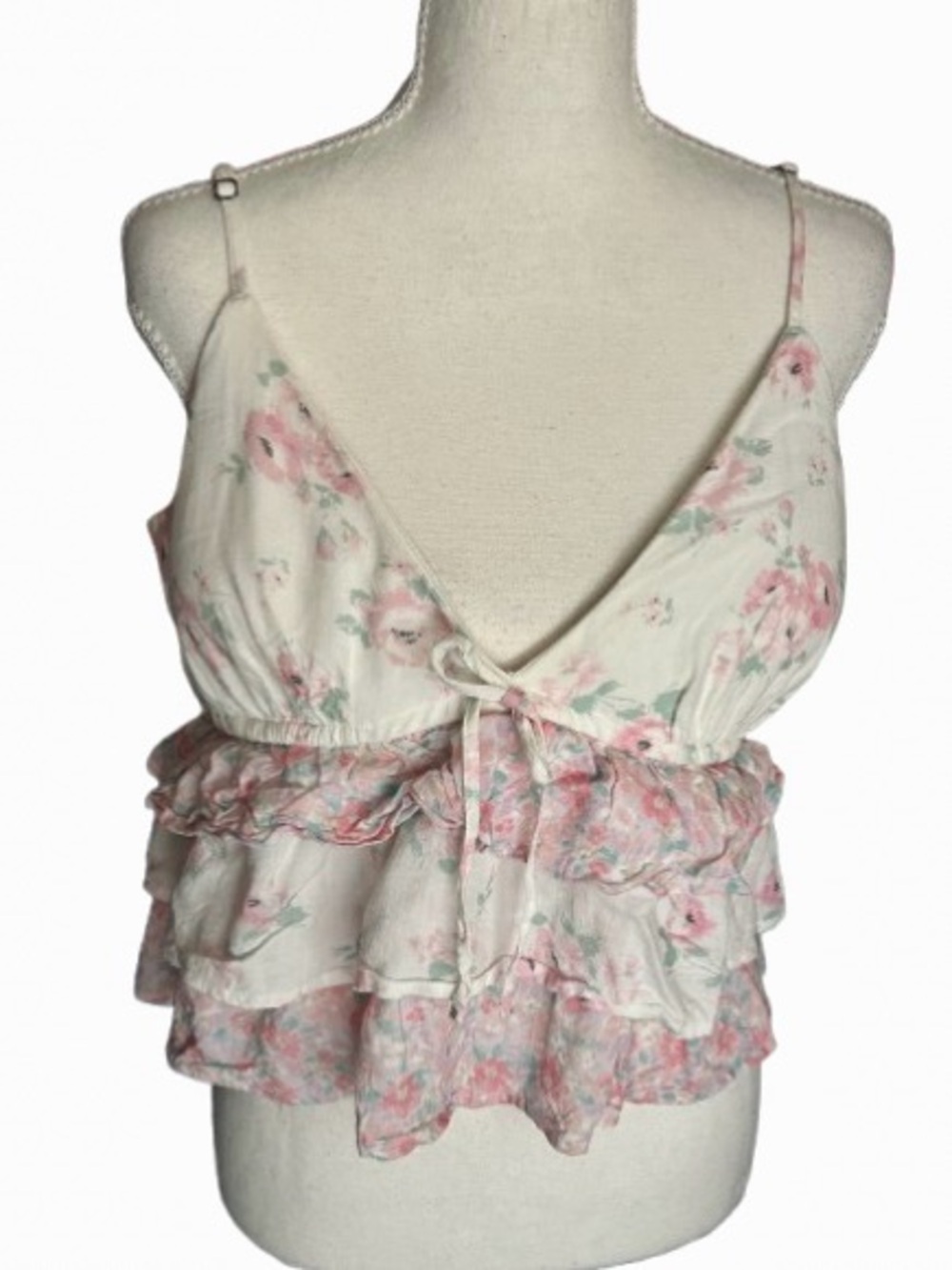 XL Pink Flower Ruffle Top Bow HOLLISTER Crop Extra Large Floral Boho Tea Shirt